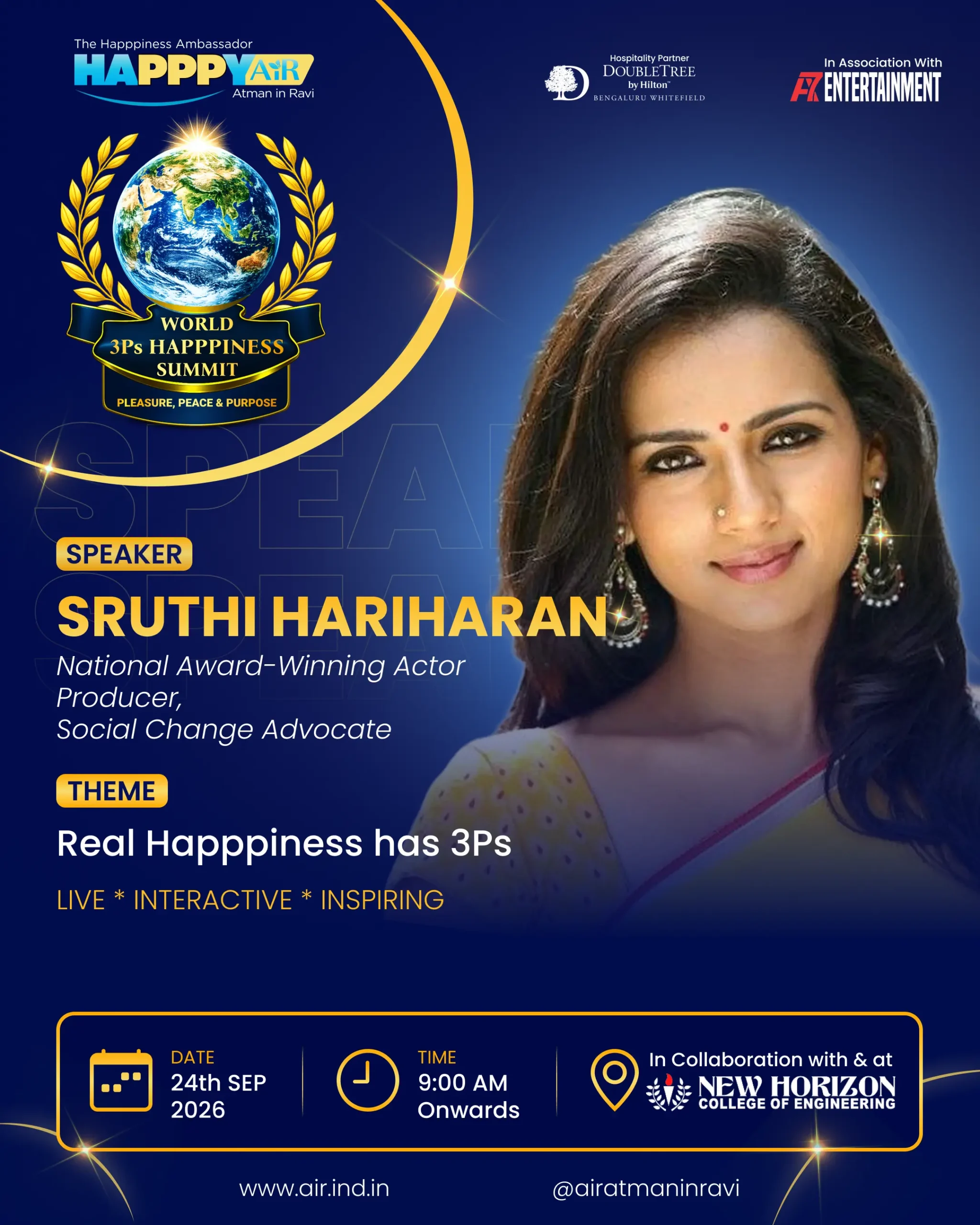 Get Ready, Bengaluru! 🎬 Sruthi Hariharan is joining the World 3Ps Happpiness Summit.