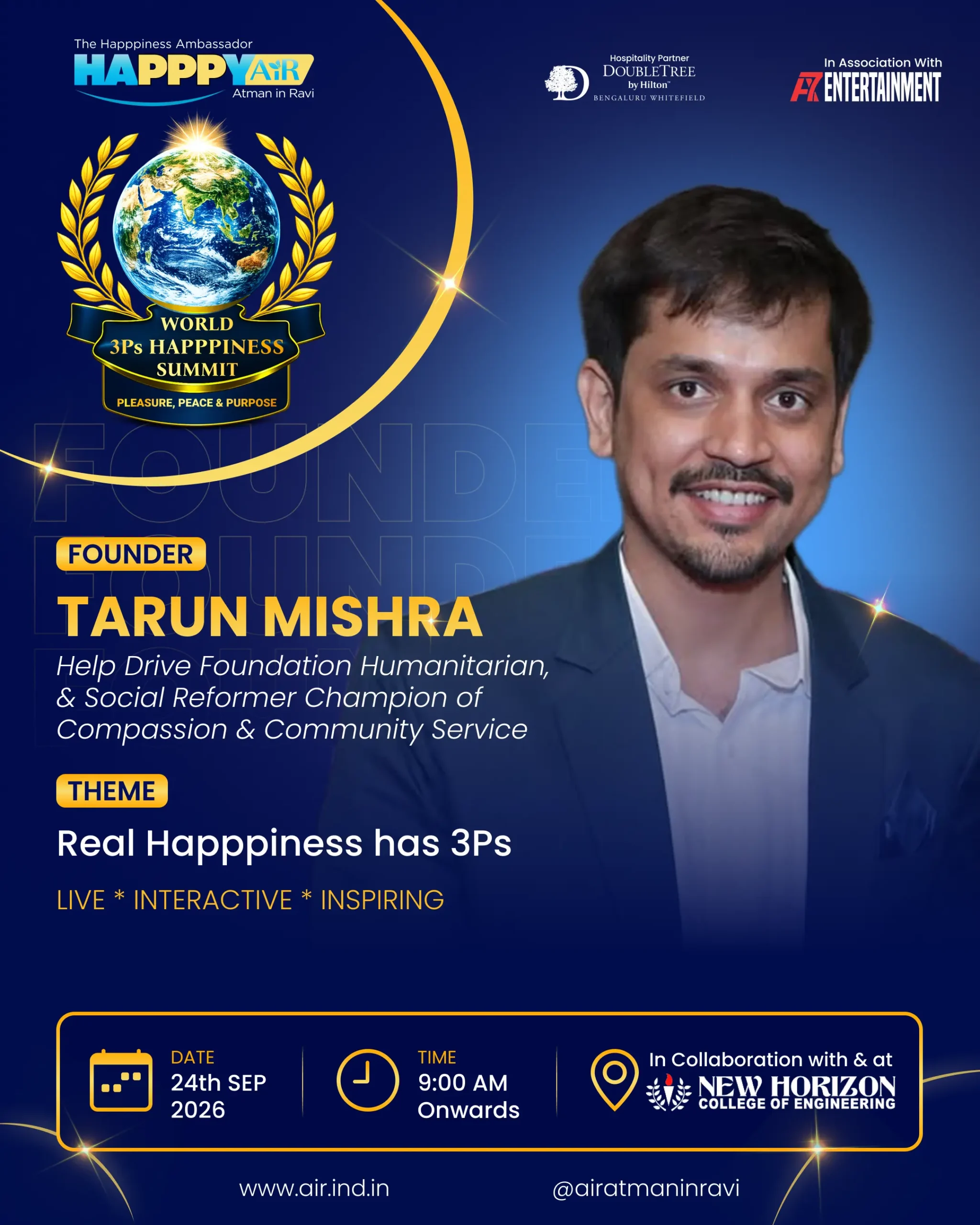 Bengaluru, Take Note! 🤝 Tarun Mishra is bringing his message of purpose to the World 3Ps Happpiness Summit.